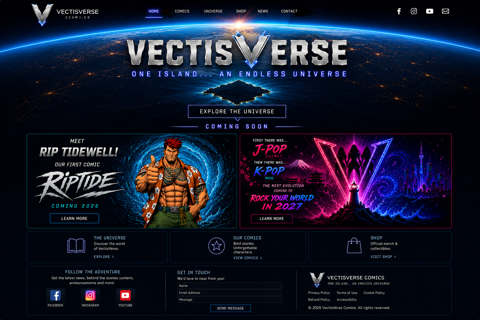 VectisVerse Comics homepage with a full-width space horizon, VectisVerse logo, Riptide comic preview, V Pop promo, universe, comics and shop panels.